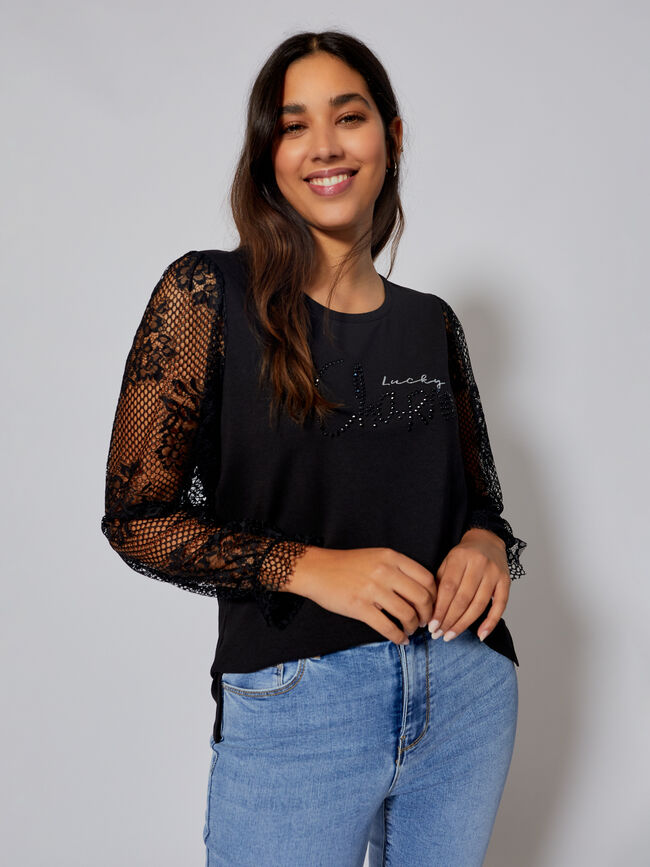 Camiseta mangas encaje Negro