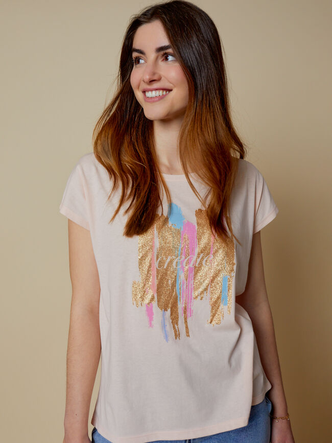 Camiseta detalle estampado glitter Rosa