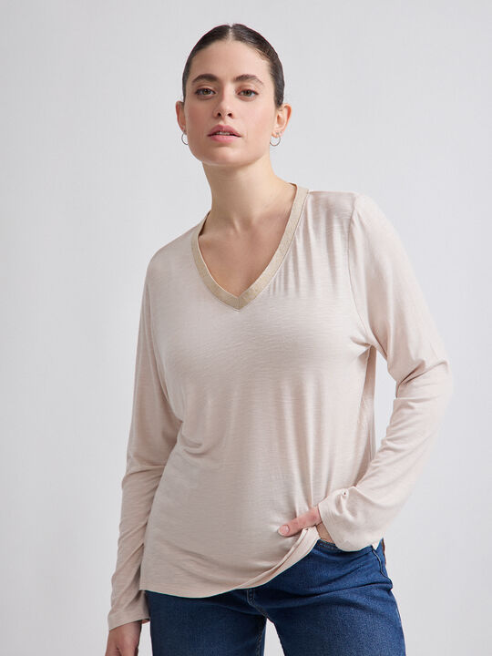 CAMISETA CUELLO BRILLO Crudo image number null