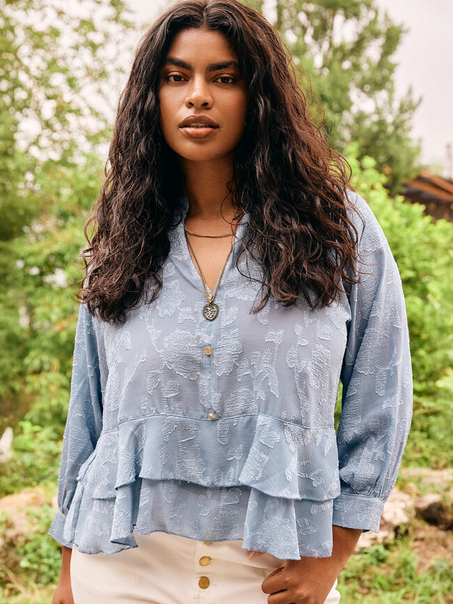 BLUSA SATINADA VOLANTES Azul Chambray