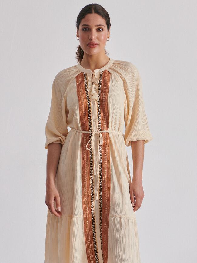 Vestido étnico pompon Crudo