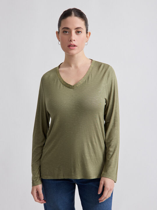 CAMISETA CUELLO BRILLO Kaki image number null