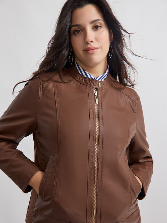 CAZADORA EFECTO PIEL CUELLO MAO Marron Oscuro image number null