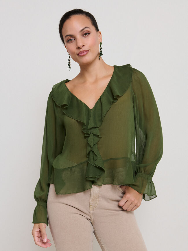 BLUSA ROMANTICA VOLANTES verde militar