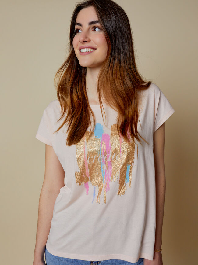 Camiseta detalle estampado glitter Rosa