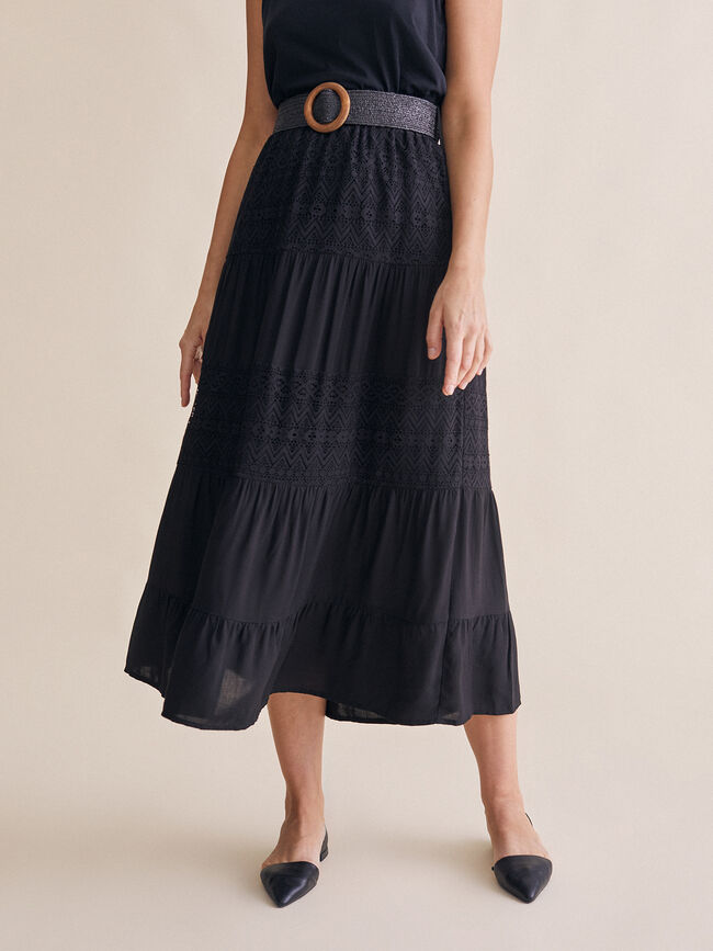Falda midi detalles encaje Negro