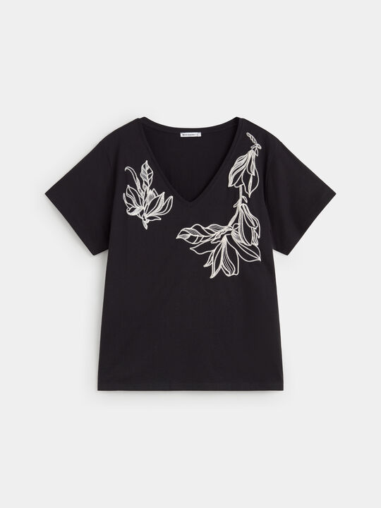 CAMISETA FLORES BORDADAS Negro image number null