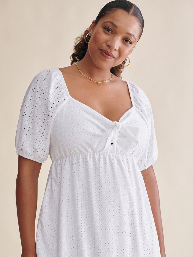 Vestido calados manga corta abullonada Blanco Optico