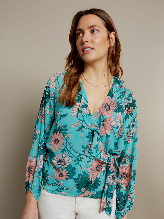 BLUSA CRUZADA ESTAMPADA CON VOLANTES Estampado 1