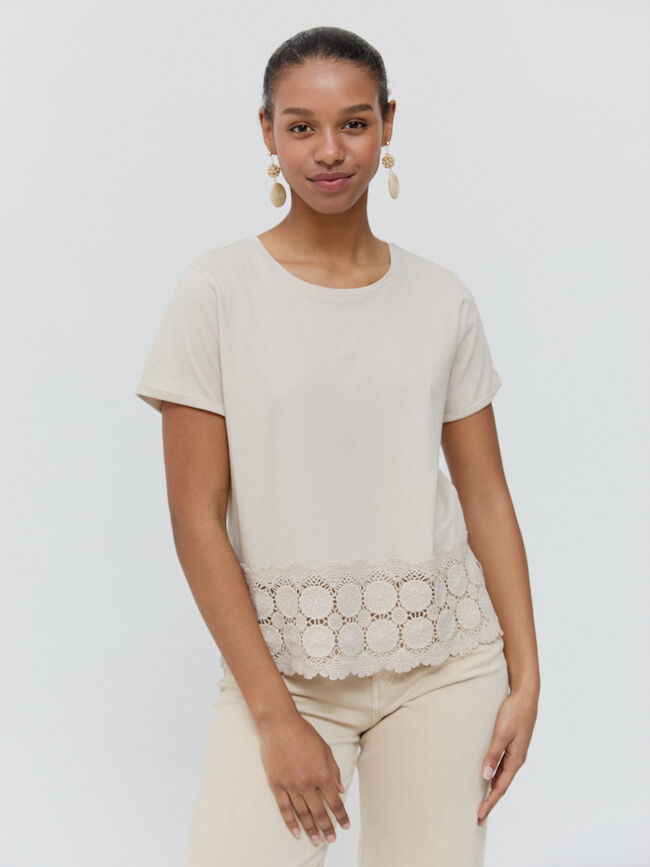 CAMISETA CROCHET BAJO Blanco Hueso