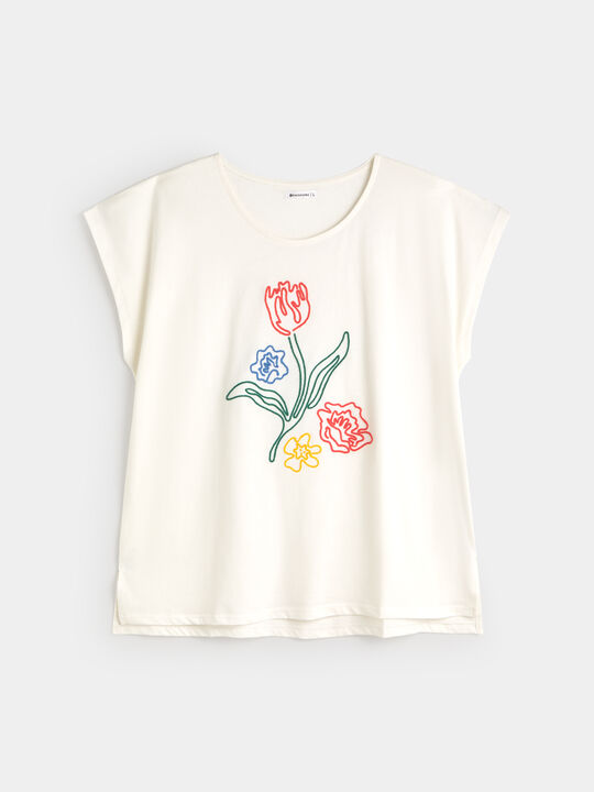 CAMISETA FLOR BORDADA Crudo image number null