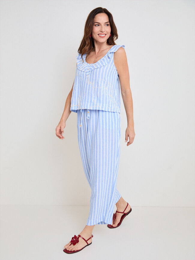 BLUSA RAYAS Y BORDADOS Azul Sky