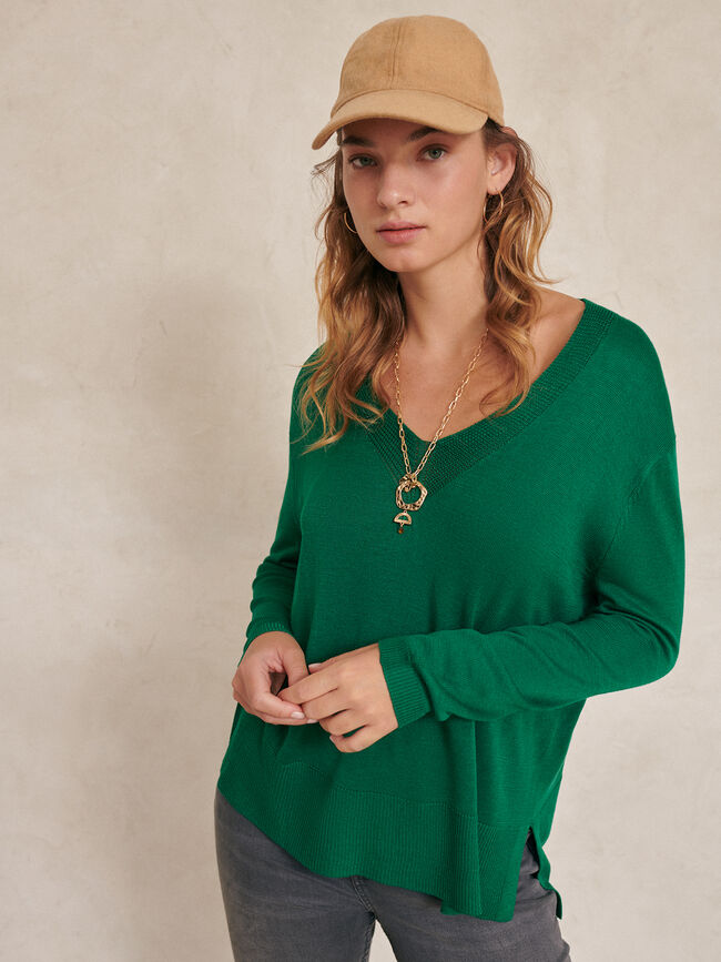 Jersey nervio cuello pico Verde Brillante