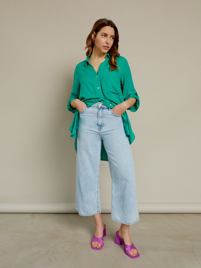 Camisa larga botones en mangas Verde Brillante