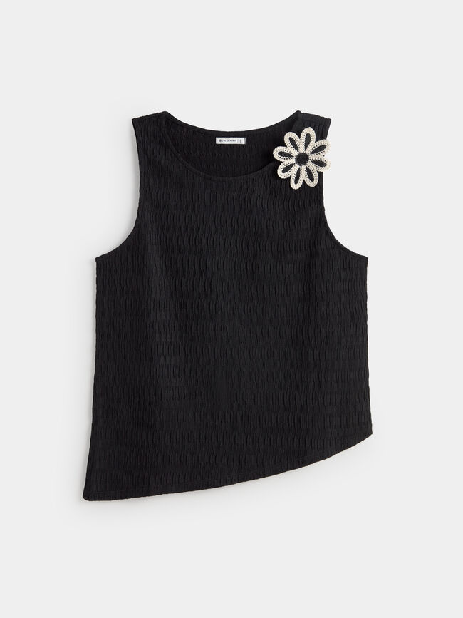 TOP ASIMETRICO FLOR Negro