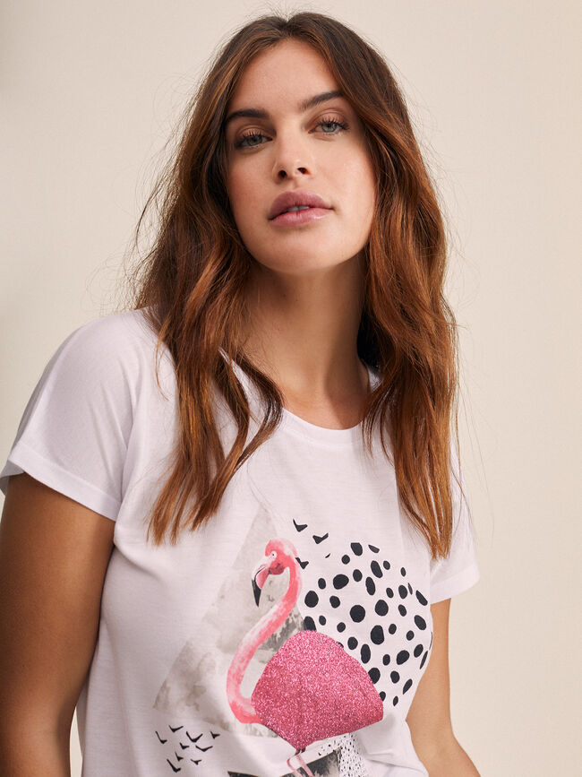 camiseta detalle estampado flamingo Blanco Optico