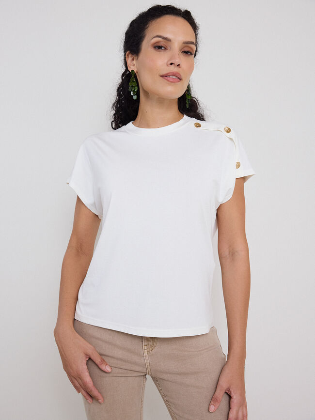 CAMISETA BOTONES HOMBRO FLU&Iacute;DA Crudo