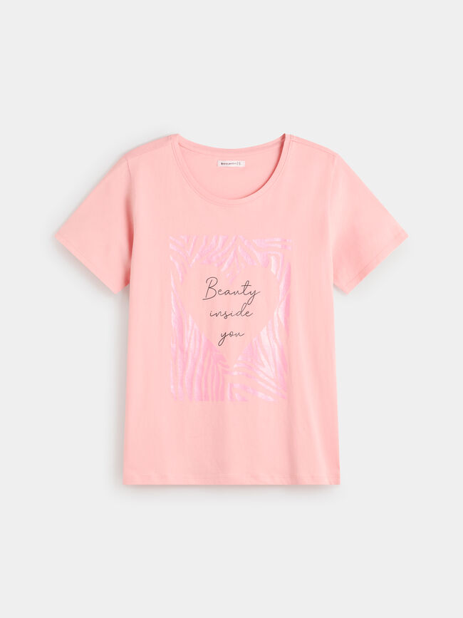 Camiseta algodón estampada rosa palido