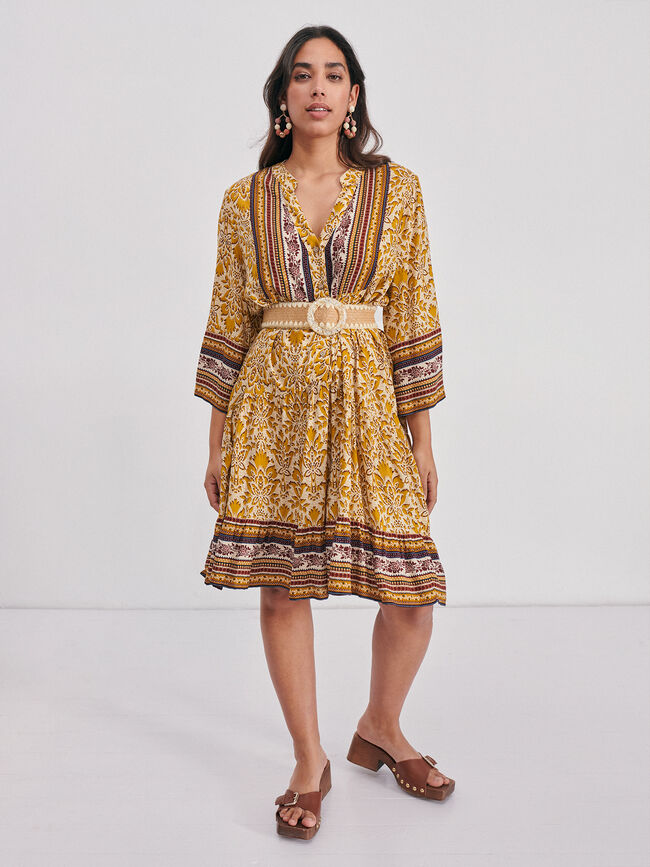 Vestido cenefa vuelo Mostaza