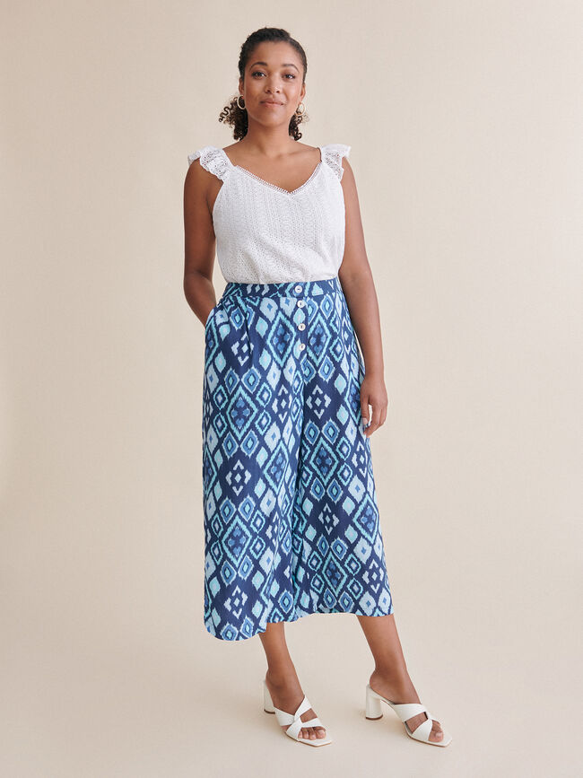 Pantalón estampado detalle botones marino claro
