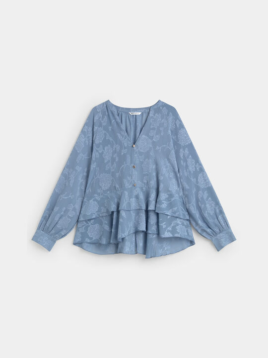 BLUSA SATINADA VOLANTES Azul Chambray image number null