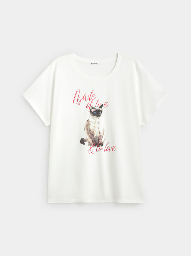 CAMISETA GATO ACUARELA Blanco Hueso
