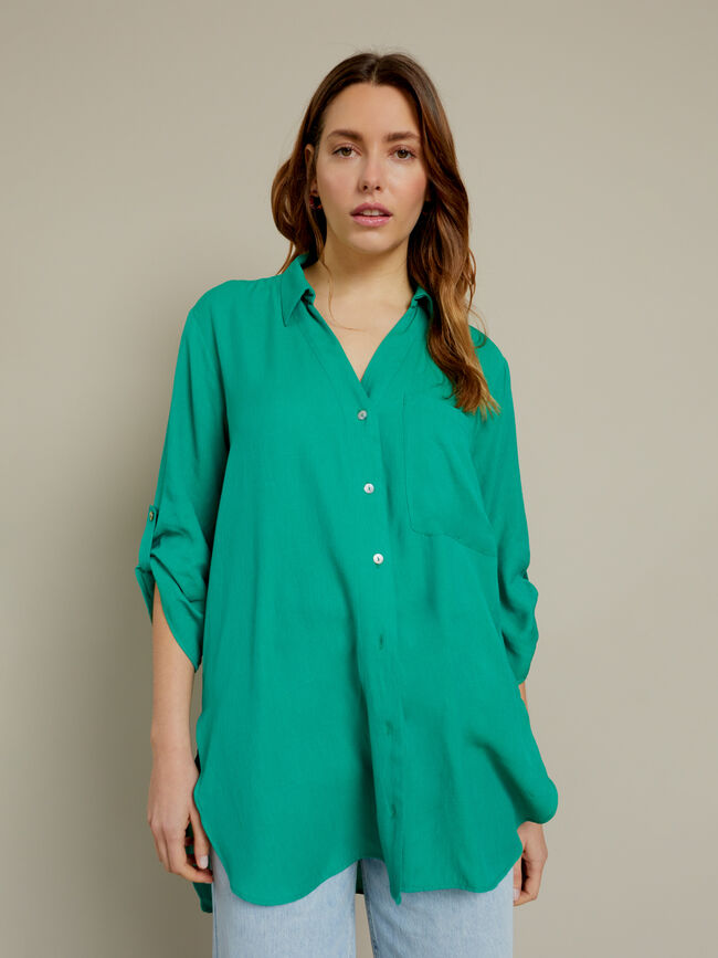 Camisa larga botones en mangas Verde Brillante